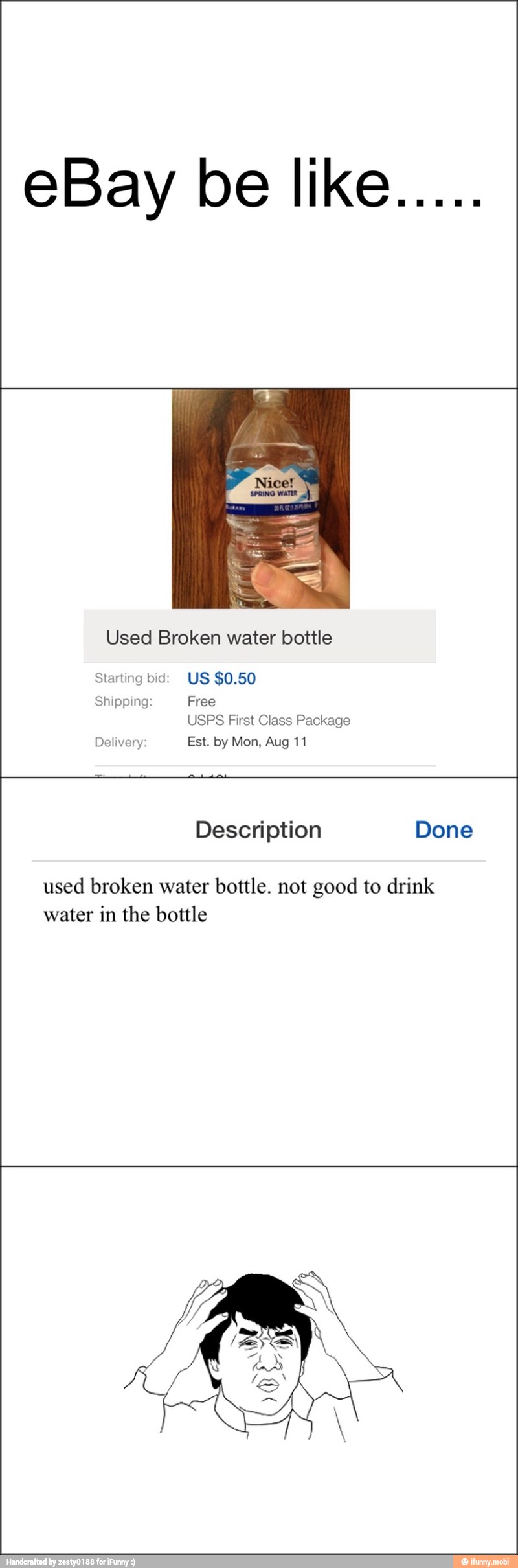 Used Broken water bottle
Starting bid: US $0.50
Shipping Free
Delivery Est. by Mon, Aug 11
Description Done
used broken water bottle. not good to drink
water in the bottle