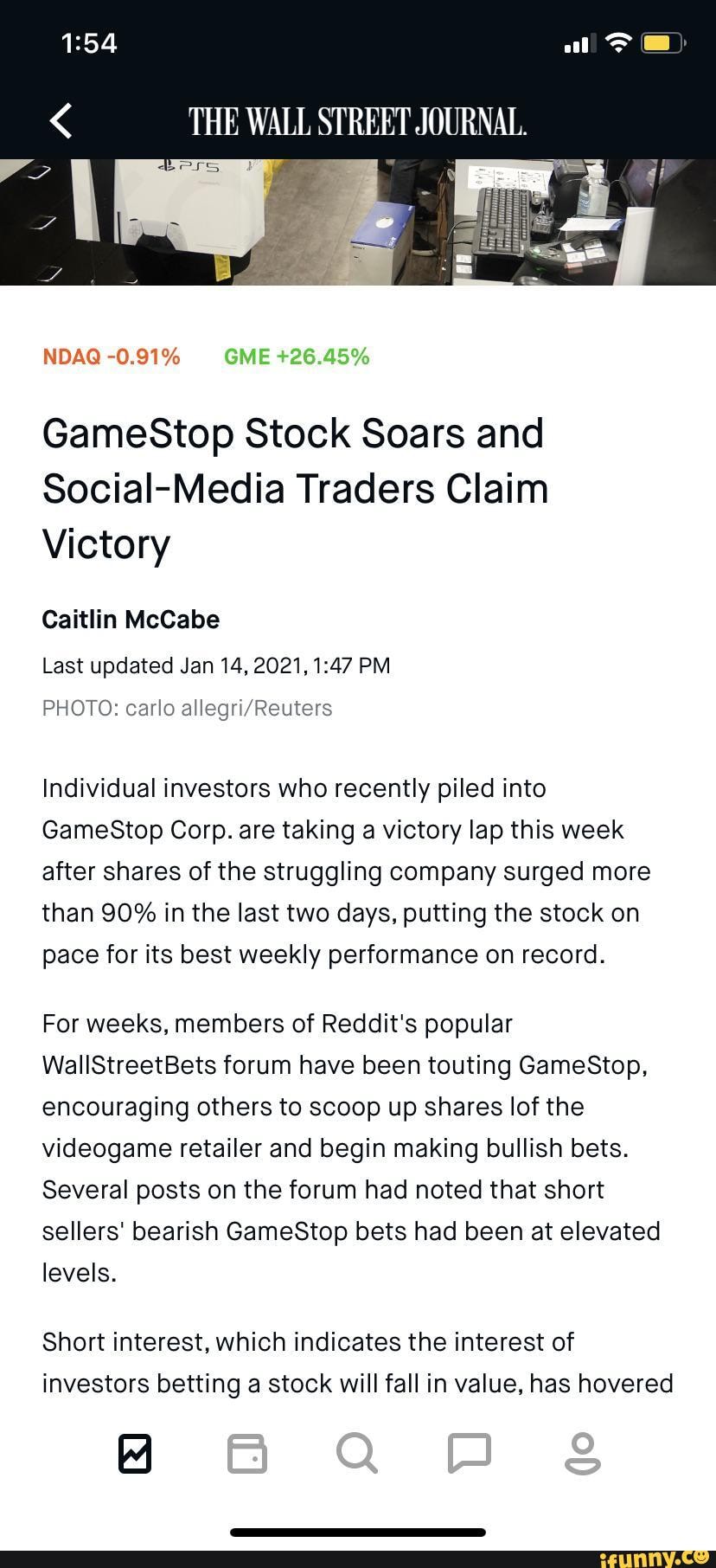 Al THE WALL STREET JOURNAL. NDAQ 0.91 GME +26.45 GameStop Stock