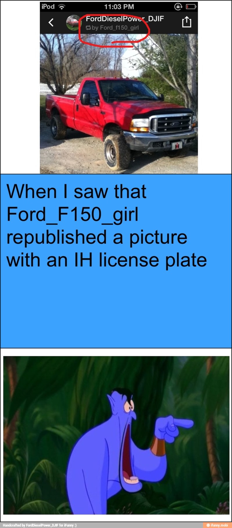 When I saw that
Ford F150 girl
republished a picture
with an IH license plate