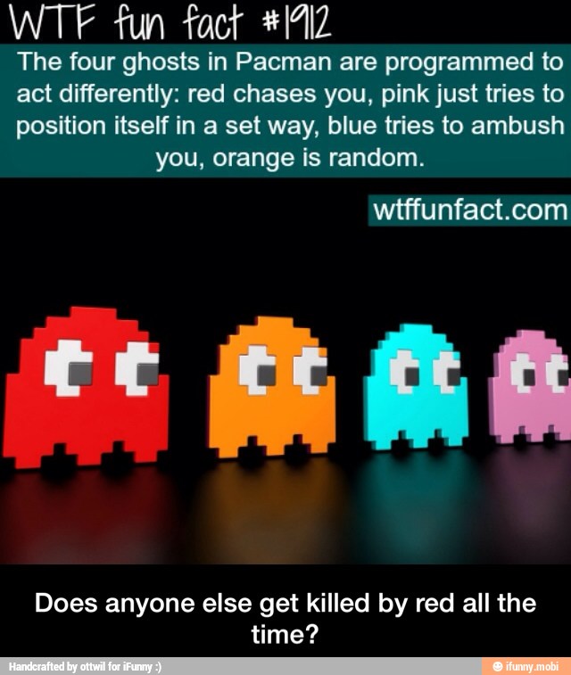 The four ghosts in Pacman are programmed to
act differently: red chases you, pink just tries to
position itself in a set way, blue tries to ambush
you, orange is random.
Does anyone else get killed by red all the
time? - Does anyone else get killed by red all the time?