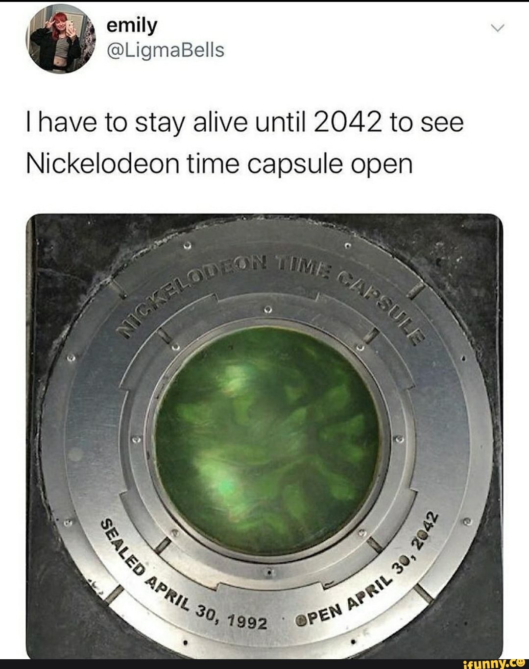I have to stay alive until 2042 to see
Nickelodeon time capsule open