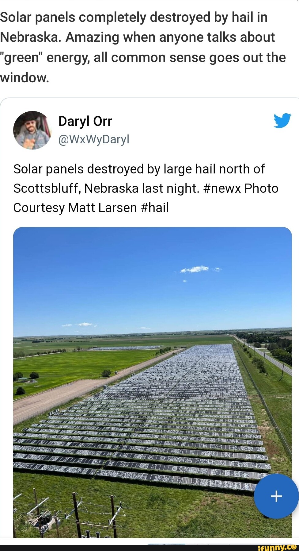 Solar panels completely destroyed by hail in Nebraska. Amazing when