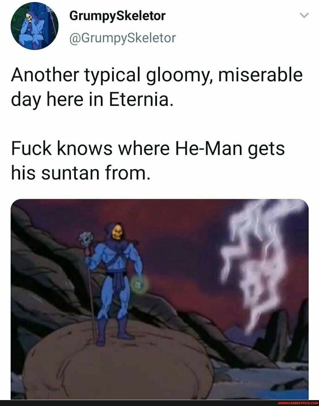 GrumpySkeletor
Another typical gloomy, miserable day here in Eternia.
Fuck knows where He-Man gets his suntan from.