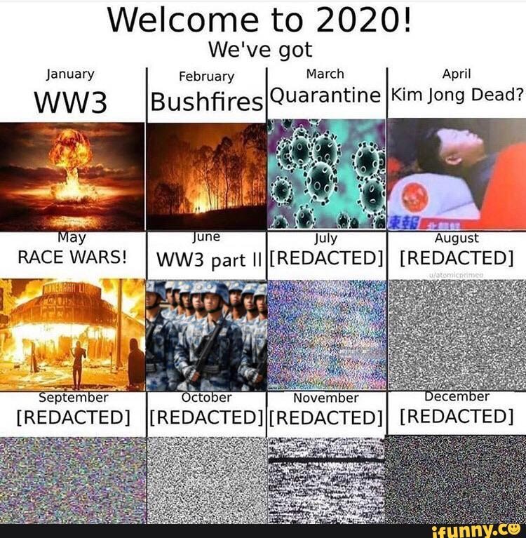 Welcome to 2020!
We've got
January February March April
Bushfires Quarantine IKim Jong Dead?