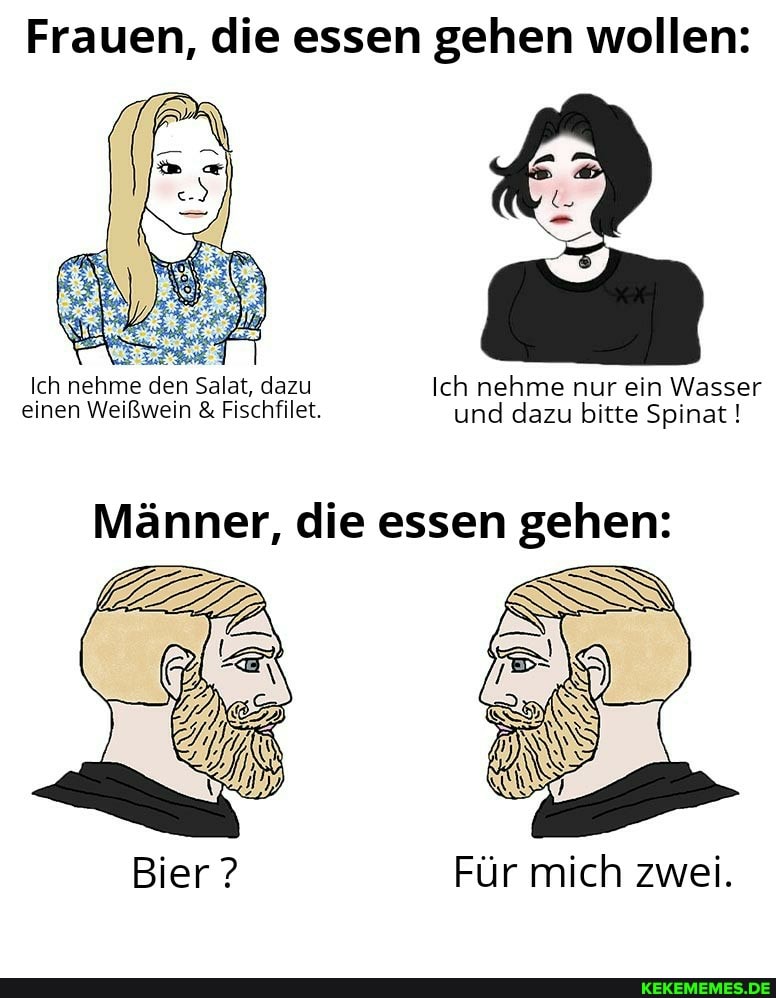Frauen, die essen gehen wollen:
Ich nehme den Salat, dazu Ich nehme nur ein Wasser einen Weißwein & Fischfilet. und dazu bitte Spinat!
Männer, die essen gehen:
Für mich zwei.