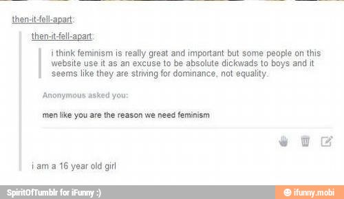 thenitfell-apart think feminism is really great and important but some people on this
website use it as an excuse to be absolute dickwads to boys and it
seems like they are strving for dominance, not equality.
'Anonymous asked you:
'men like you are the reason we need fer