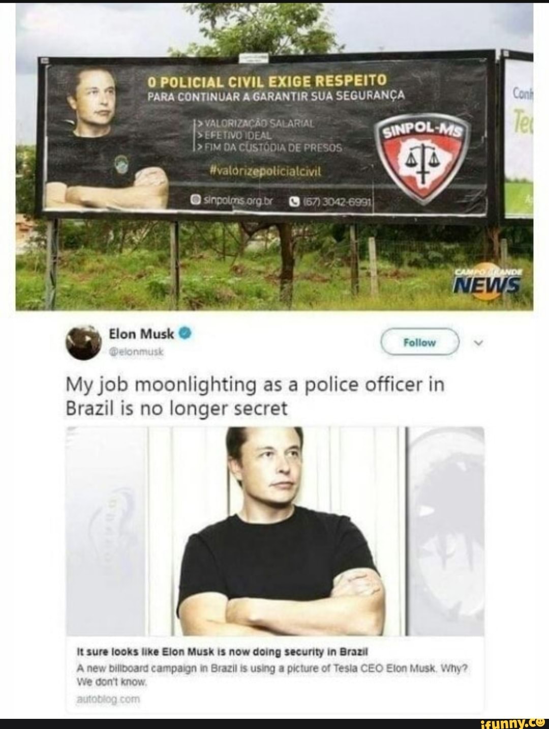 POLICIAL CIVIL EXIGE RESPEITO PARA CONTINUAR A GARANTIR SUA SEGURANÇA
" AR
Follow
My job moonlighting as a police officer in
Brazil is no lenger secret
suro Elon
campa CEO