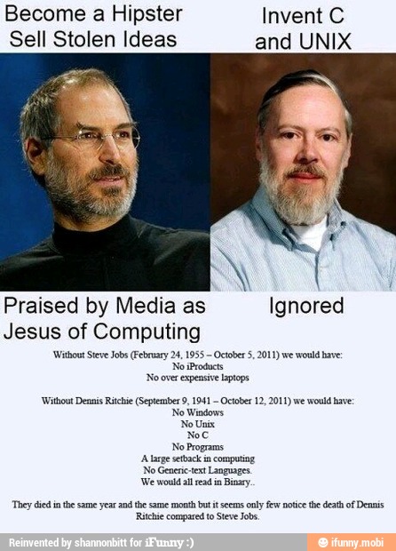 Become a Hipster Invent C
Sell Stolen Ideas
Praised by Media as
Jesus of Computing
Without Steve Jobs (February 24, 1955 October 5, 2011) we would have:
No ¡Products
"No over expensive laptops
Ignored
Without Dennis Ritchie (September 9, 1941
October 12, 2011) we would have:
A arge setback in computing
'They died i the same year andthe same month but it seems only few notice the death of Dennis
Ritchie compared to Steve Jobs