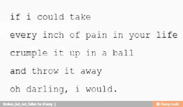 if i could take
every inch of pain in your life
crumple it up in a ball
and throw it away
oh darling, i would.