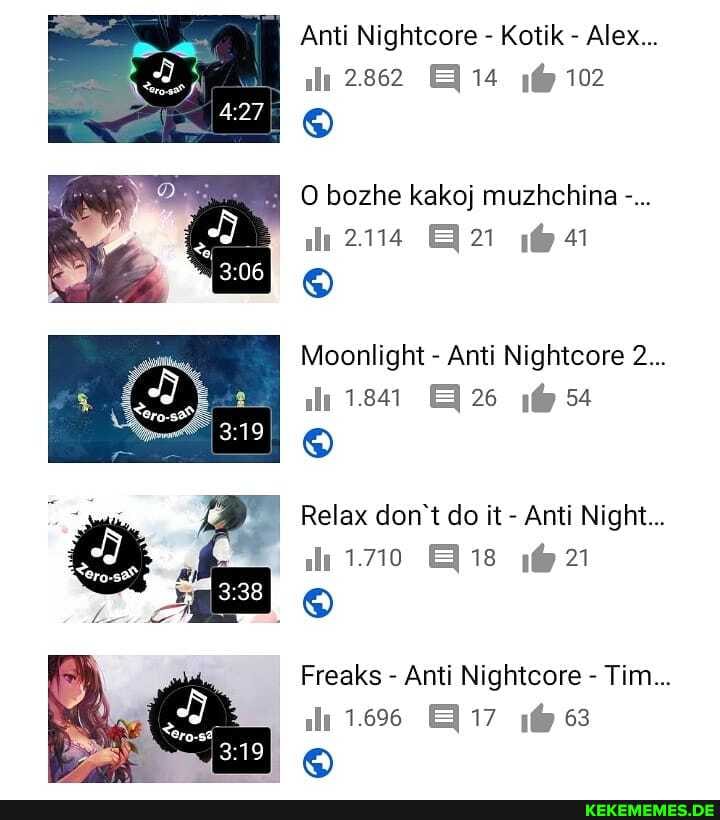 Le
Anti Nightcore - Kotik - Alex...
O bozhe kakoj muzhchina
Moonlight - Anti Nightcore 2...
Relax don't do it - Anti Night...
1.710
Freaks - Anti Nightcore - Tim...