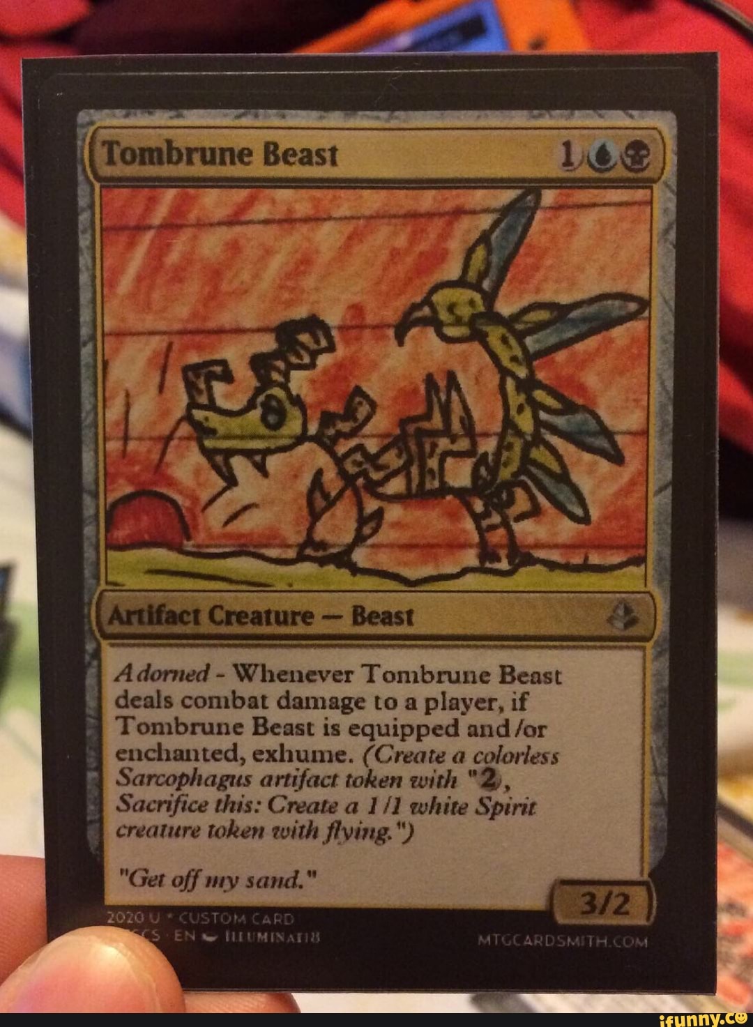 Adorned
Whenever Tombrune Beast
deals combat damage to a
player, if
Tombrune Beast is equipped and /or
enchanted, exhume. (Create a
colorless
Sarcophagus artifact token with "2),
Y
Sacrifice this: Create a 1/1 white Spirit
creature token with flying.)