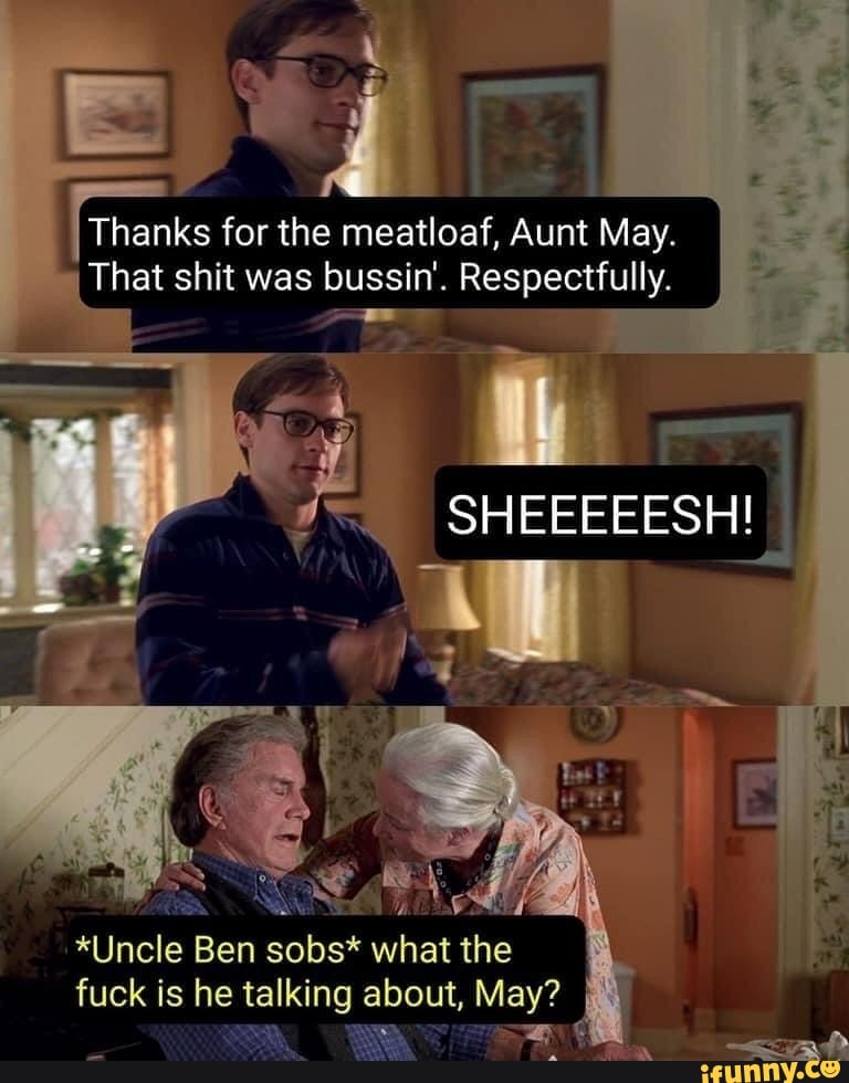 Thanks For The Meatloaf Aunt May That Shit Was Bussin Respectfully SHEEEEESH Uncle Ben 