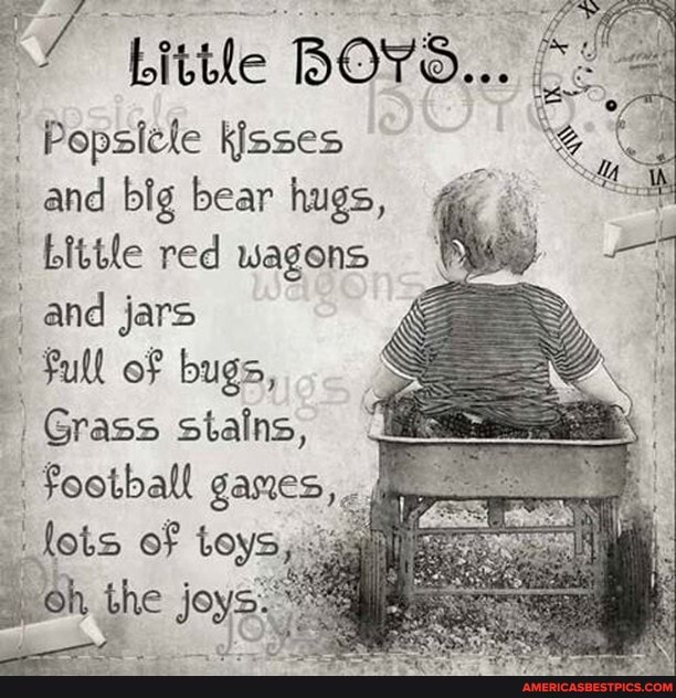 Little BOYS...
Popsiele kisses
_ and big bear hugs, bibtle red wagons and jars
Full of bugs,
Grass stains,
Football gemes,
the jo