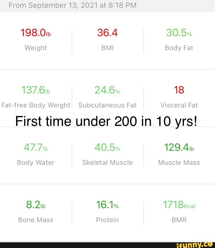 From September 13 21 At Pm 36 4 Weight Bmi Body Fat 137 6 24 6 18 Fat Free Body Weight Subcutaneous Fat Visceral Fat First Time Under 0 In 10 Yrs 47 7 40 5 129 4 Body Water Skeletal Muscle Muscle Mass 16 1 Protein