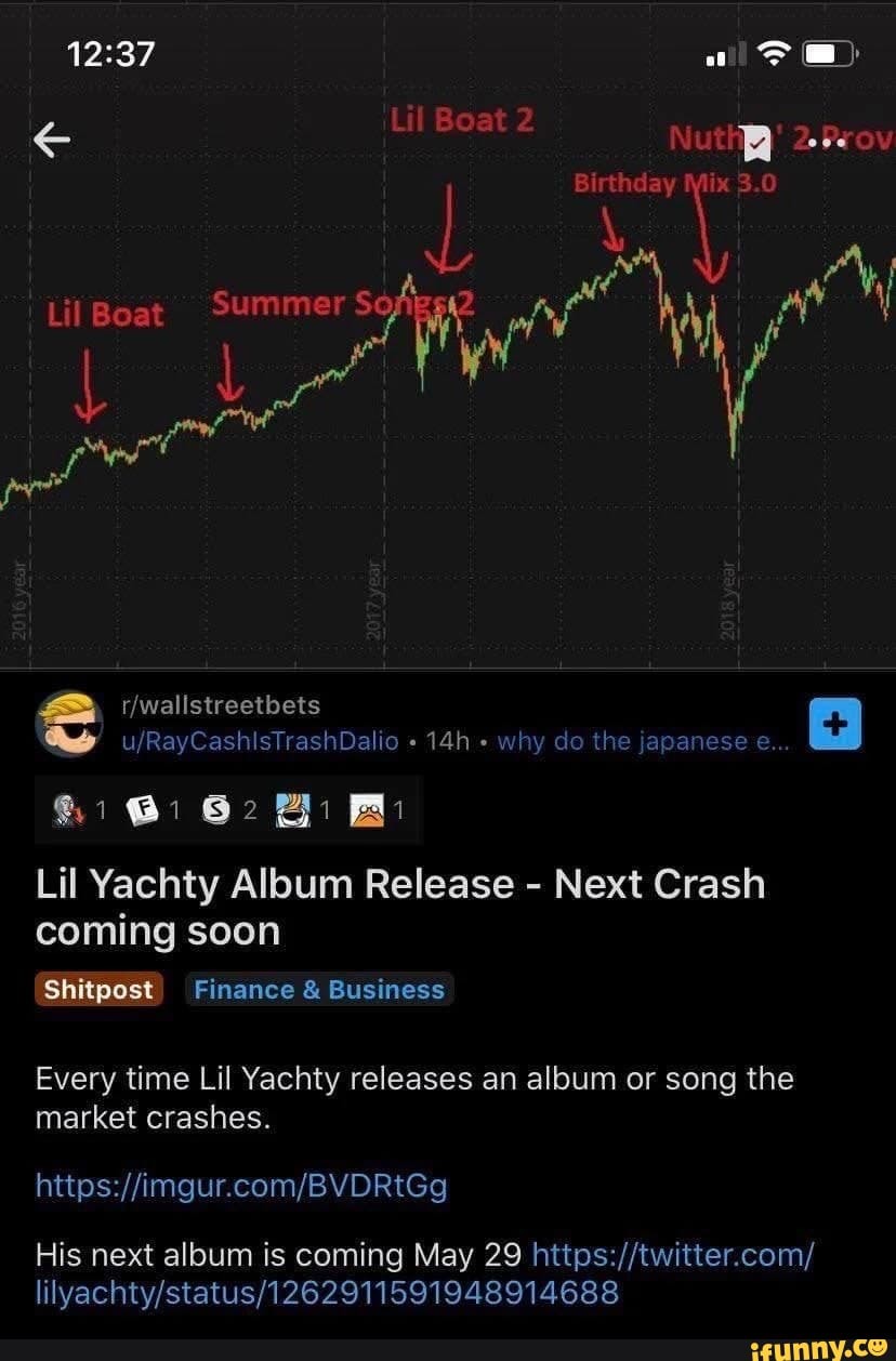 why do th yanese e...
Summe
BB
Lil Yachty Album Release - Next Crash coming soon
Shitpost) Finance & Business
Every time Lil Yachty releases an album or song the market crashes.
His next album is coming May 29