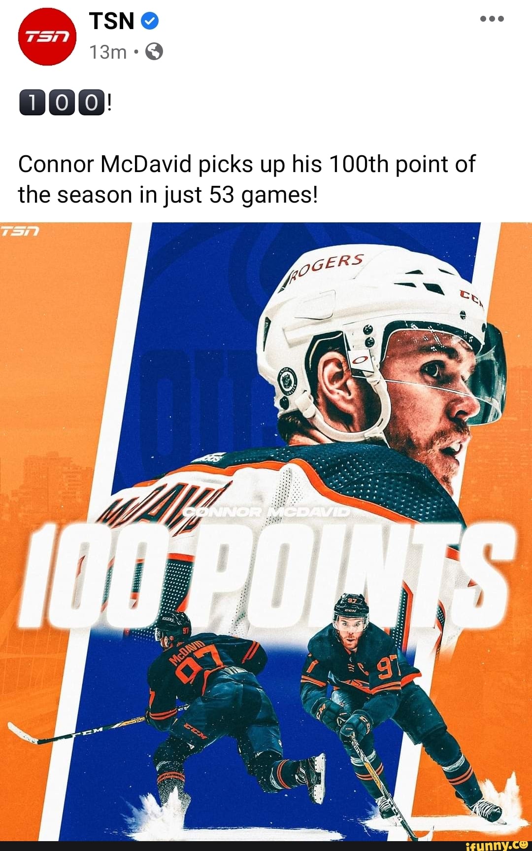TSN
TOTO}
Connor McDavid picks up his 100th point of the season in just 53 games!
STE