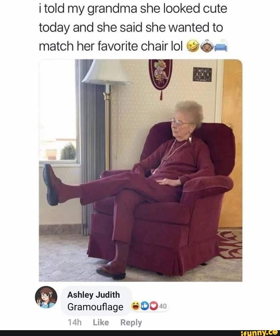 i told my grandma she looked cute
today and she said she wanted to
match her favorite chair lol 2 es
O Ashley Judith
=" Gramouflage "DO
14h Like Reply