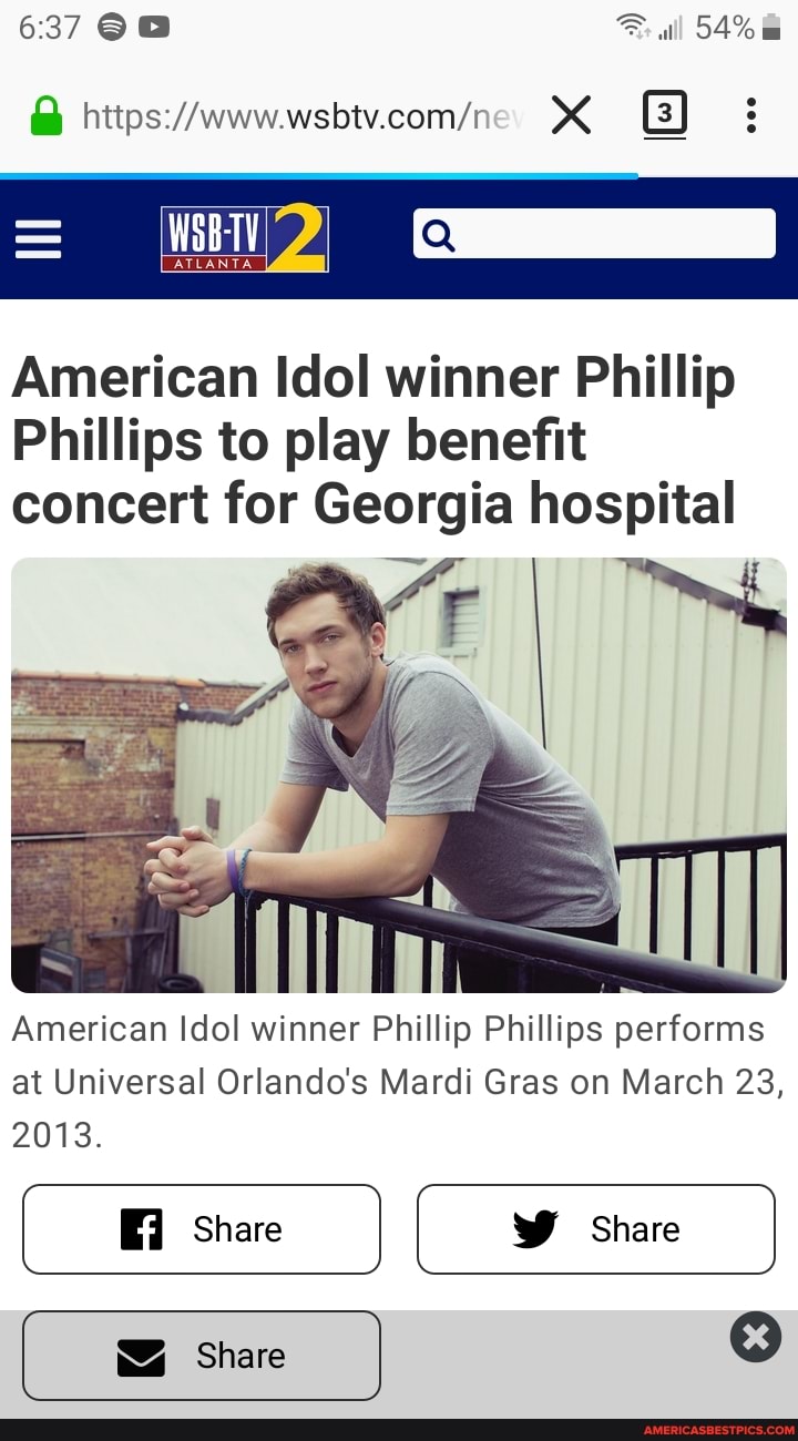 637 6@ alll 54%
American Idol winner Phillip
Phillips to play benefit concert for Georgia hospital
American Idol winner Phillip Phillips performs at Universal Orlando's Mardi Gras on March 23,
2013.
I Share I W Share
Share