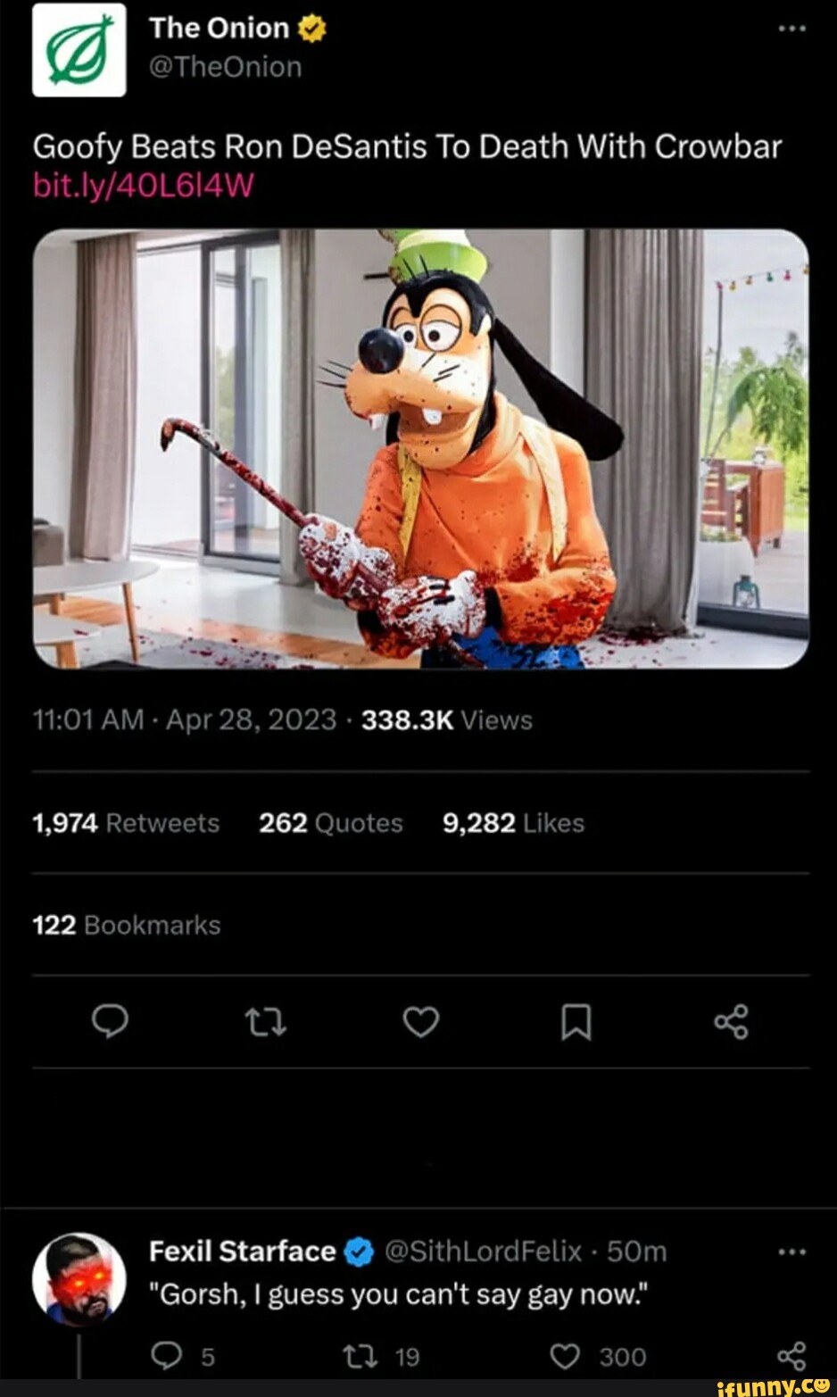 The Onion CG, TheOnion Goofy Beats Ron DeSantis To Death With Crowbar AM Apr 28, 2023 338