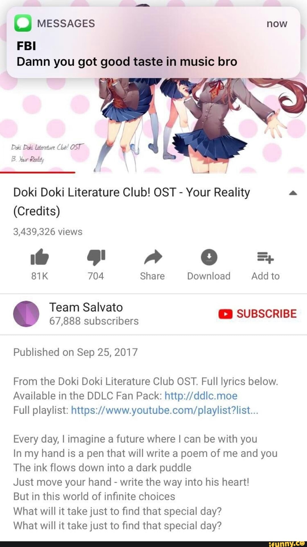 Damn You Got Good Taste In Music Bro A I Doki Doki Literature Club Ost Your Reality A Credits 3 439 326 Views 81 K 704 Share Download Add To Team Salvato