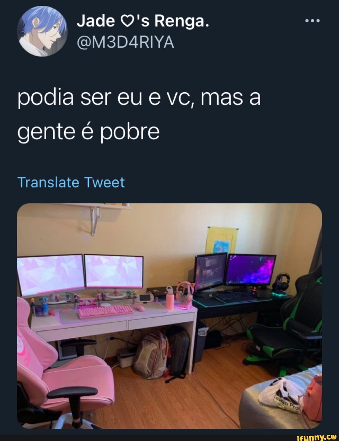 Jade O's Renga.
(QM3D4RIYA
podia ser eu e vc, mas a gente é pobre
Translate Tweet