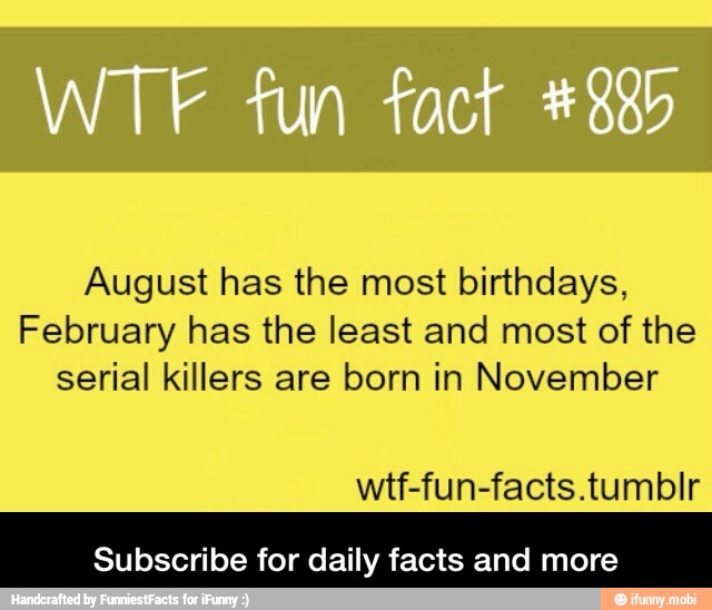 August has the most birthdays,
February has the least and most of the
serial killers are born in November
wtf-fun-facts.tumblr
Subscribe for daily facts and more - Subscribe for daily facts and more