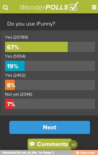 Do you use iFunny?
Yes (20789)
Yes (5954)
Yes (2452)
Not yet (2046)