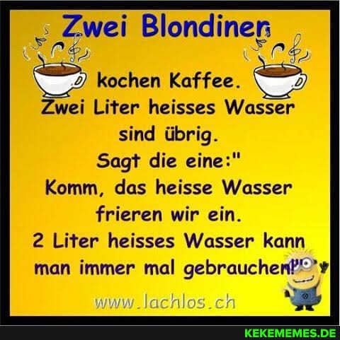 .Zwei Blondiner; kochen Kaffee.
Zwei Liter heisses Wasser sind übrig.
Sagt die eine:"
Komm, das heisse Wasser frieren wir ein.
2 Liter heisses Wasser kann man immer mal gebrauchen!"
www