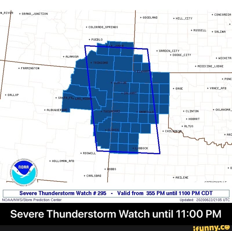 Severe Thunderstorm Watch #295 Valid from 355 PM until 1100 PM CDT
NOAA/NWS/Storm Prediction Center Updated: 2020062272105 UTC
Severe Thunderstorm Watch until 11:00 PM - Severe Thunderstorm Watch until 11:00 PM