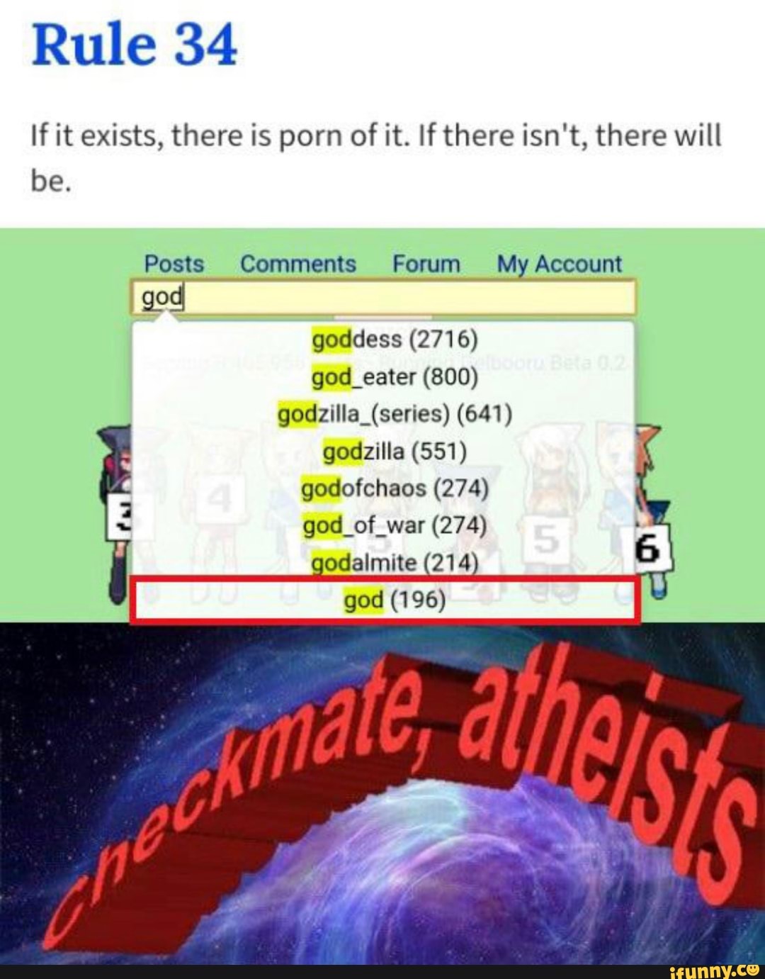 Rule 34
If it exists, there is porn of it. If there isn't, there will
Posts Comments Forum My Account
god
goddess (2716)
god eater (800)
godzilla (series) (641)
godzilla (551)
godofchaos (274)
I
godalmite (214
6
