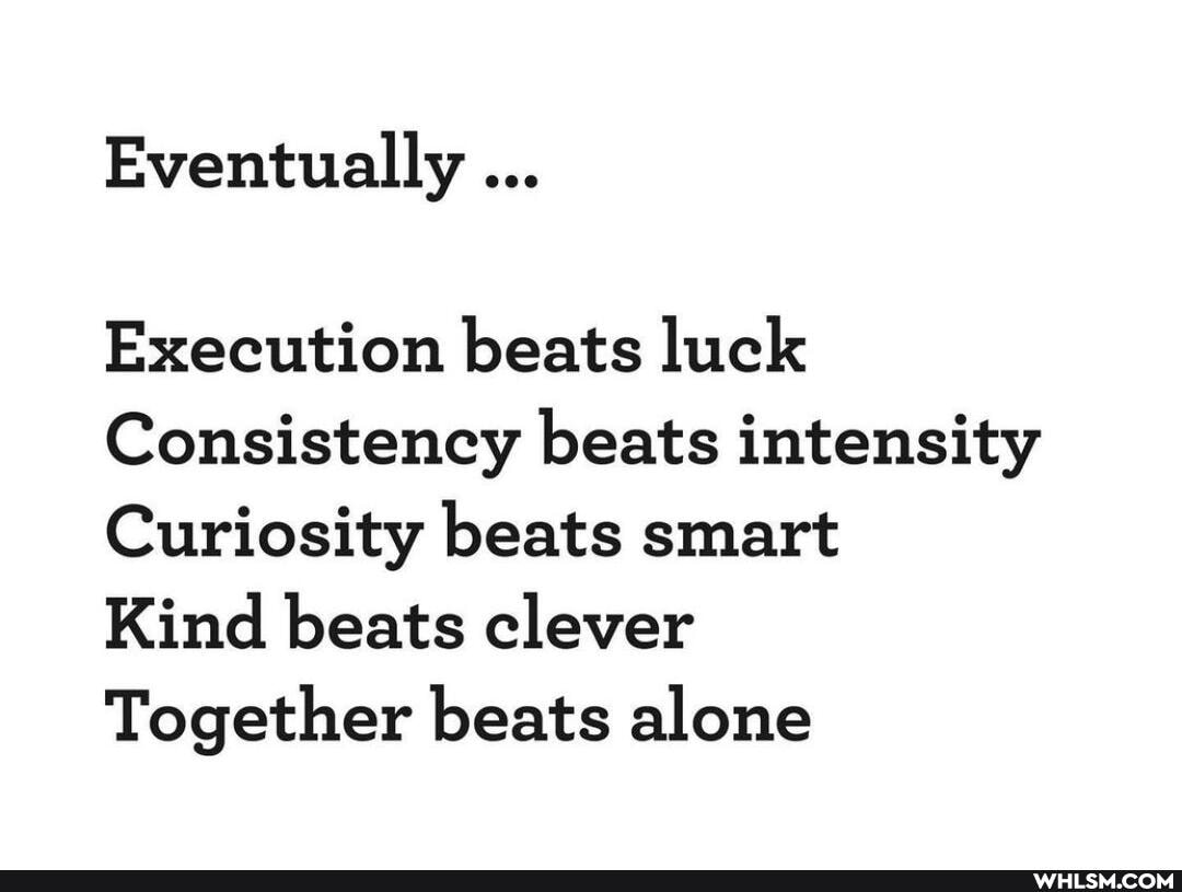 Eventually
Execution beats luck
Consistency beats intensity
Curiosity beats smart
Kind beats clever
Together beats alone