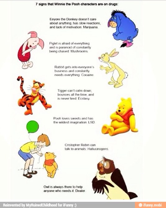 7 signs that Winnie the Pooh charactors are on drugs:
Eeyore the Donky doosnt care
'about anything, has stow reactions,
