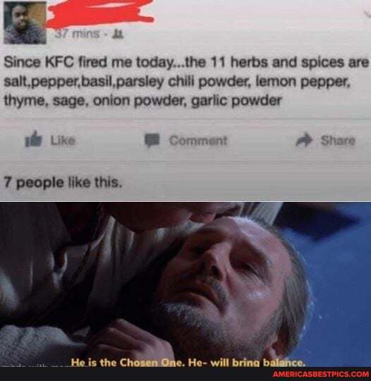 Since KFC fired me today the 11 herbs and spices are sat. pepper. basil _parsiey chili powder, lemon pepper, thyme, sage, onion powder, garlic powder
Like Comment
7 people like this.