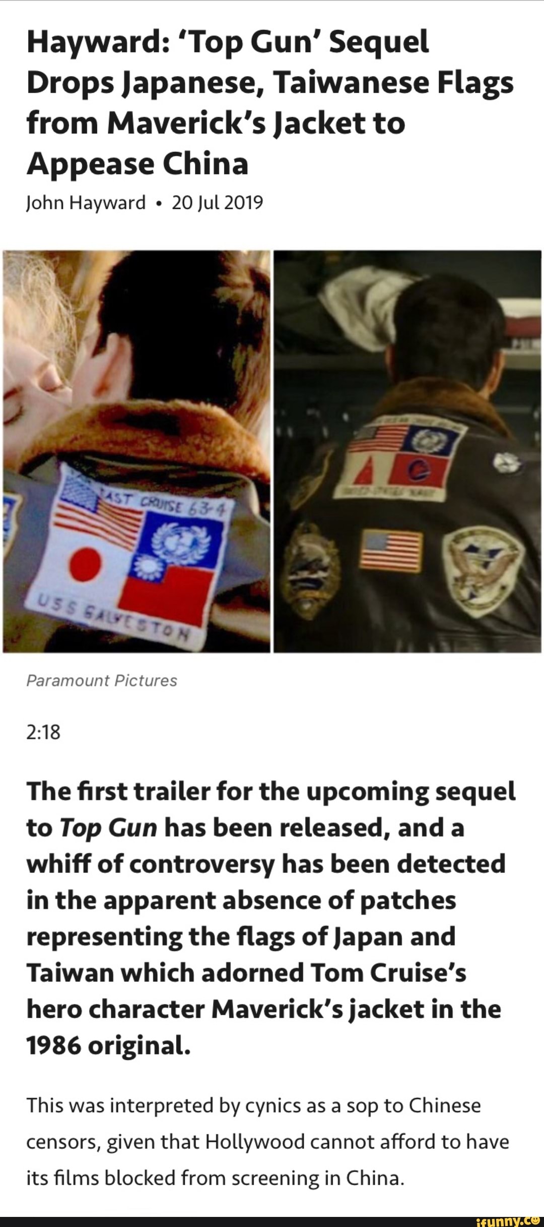 Hayward ‘Top Gun' Sequel Drops Japanese, Taiwanese Flags from Maverick