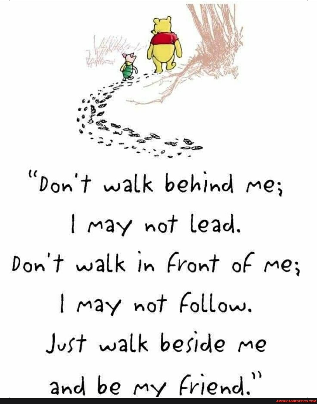 "Don't walk behind me;
I may not lead.
Don't walk in Front of me;
I may not Follow.
Just walk beside me and be my friend..