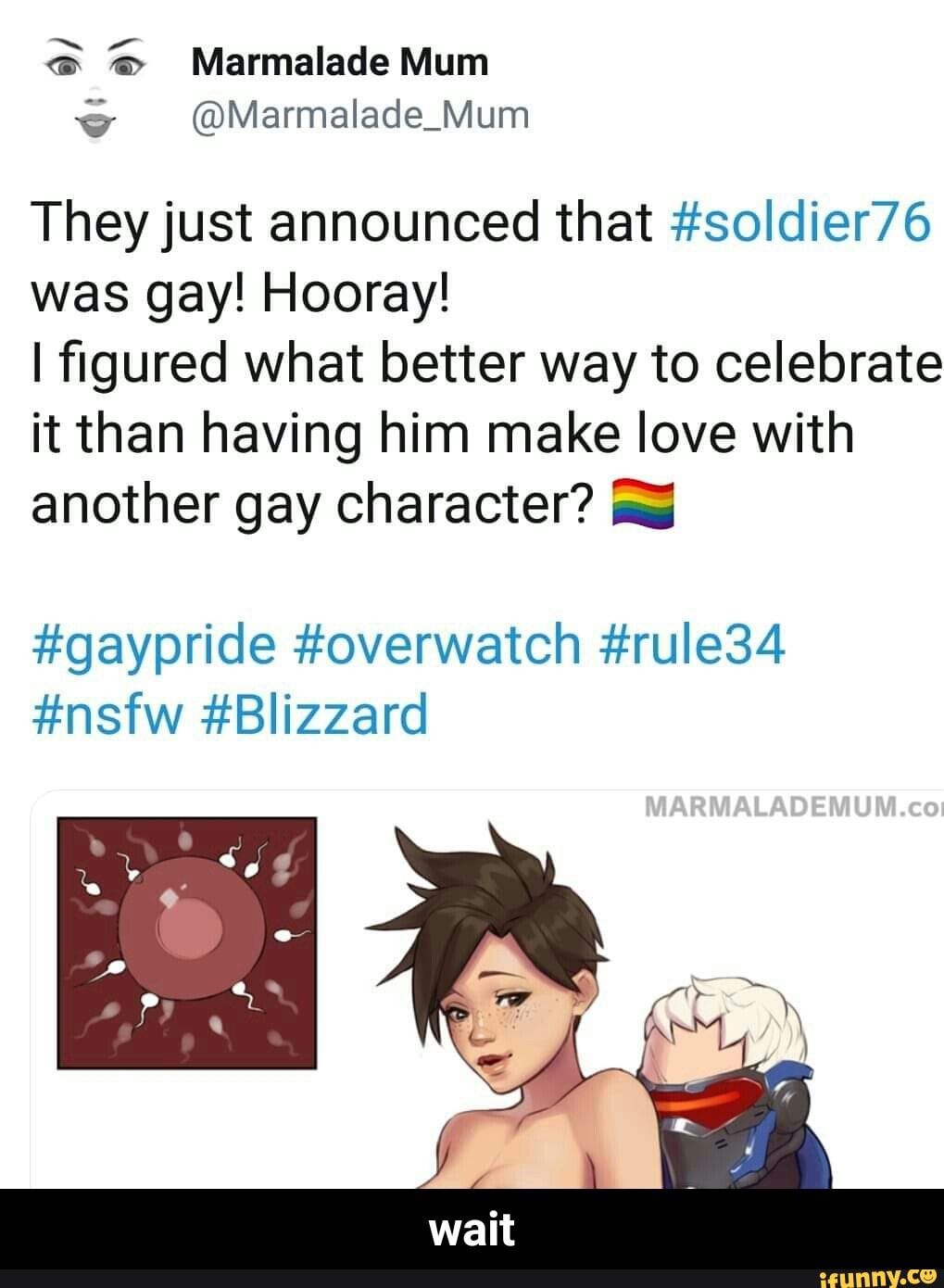 Theyjust announced that #soldier76 was gay! Hooray! I ﬁgured what better  way to celebrate it than having him make love with another gay character? :  #gaypride #overwatch #rule34 ﬁncfw itRIi77nrr1 - wait - iFunny