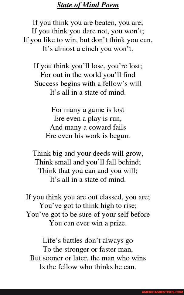 State Of Mind Poem If You Think You Are Beaten You Are If You Think You