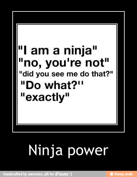 "lam a ninja"
"did you see me do that?"
"exactly"
Ninja power - Ninja power
