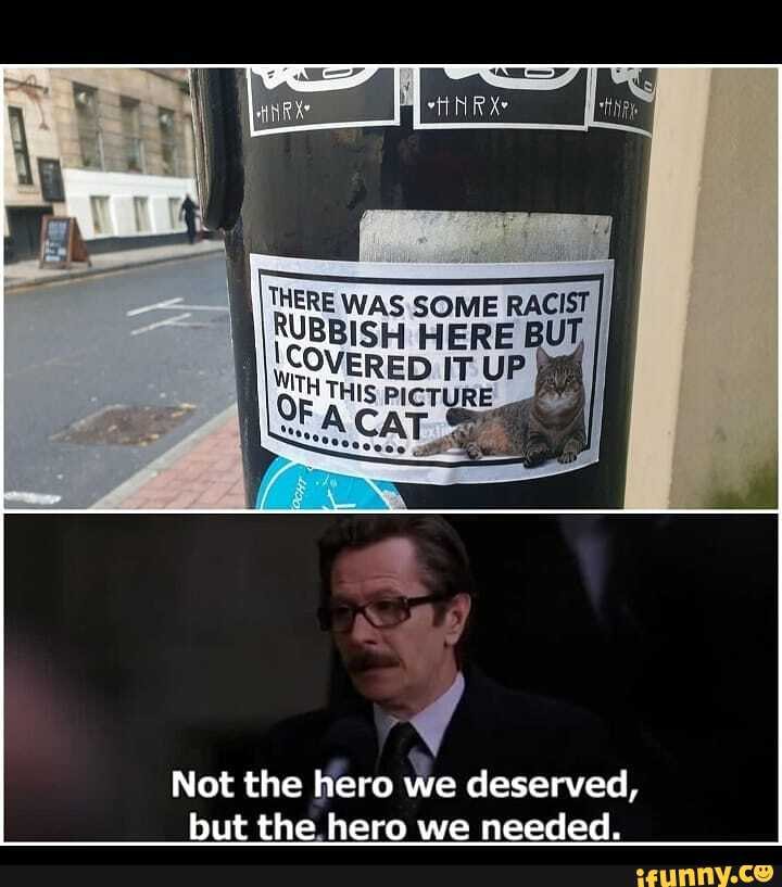 THERE WAS SOME RACIST
RUBBISH HERE BUT,
wo OVERED IT UP pig um
d
Not the hero we deserved,
but the.hero we needed.