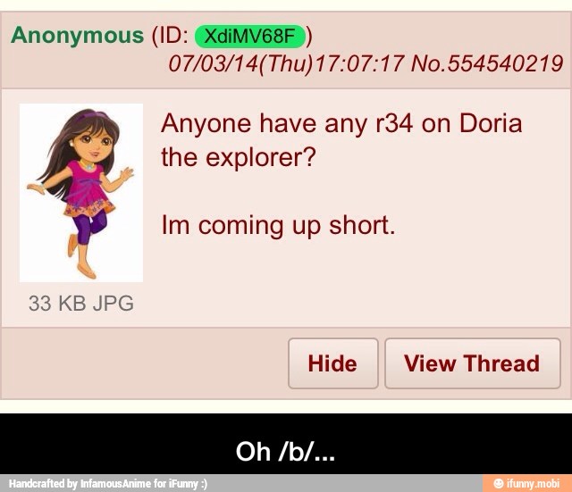 Anonymous (ID: (XdiMV68F>")
07/03/14(Thu)17:07:17 No.554540219
Anyone have any r34 on Doria
the explorer?
Py Im coming up short. - Oh /b/...