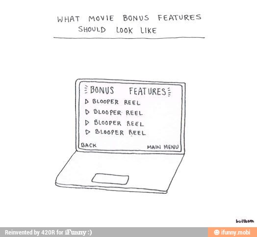 WHAT MOVIE BONUS FEATURES
SHOULD Look LIke
ZBONUS FEATURES
D BLOOPER REEL.
D BLooper REEL
D BLOOPER REEL
D BLOOPER Keer