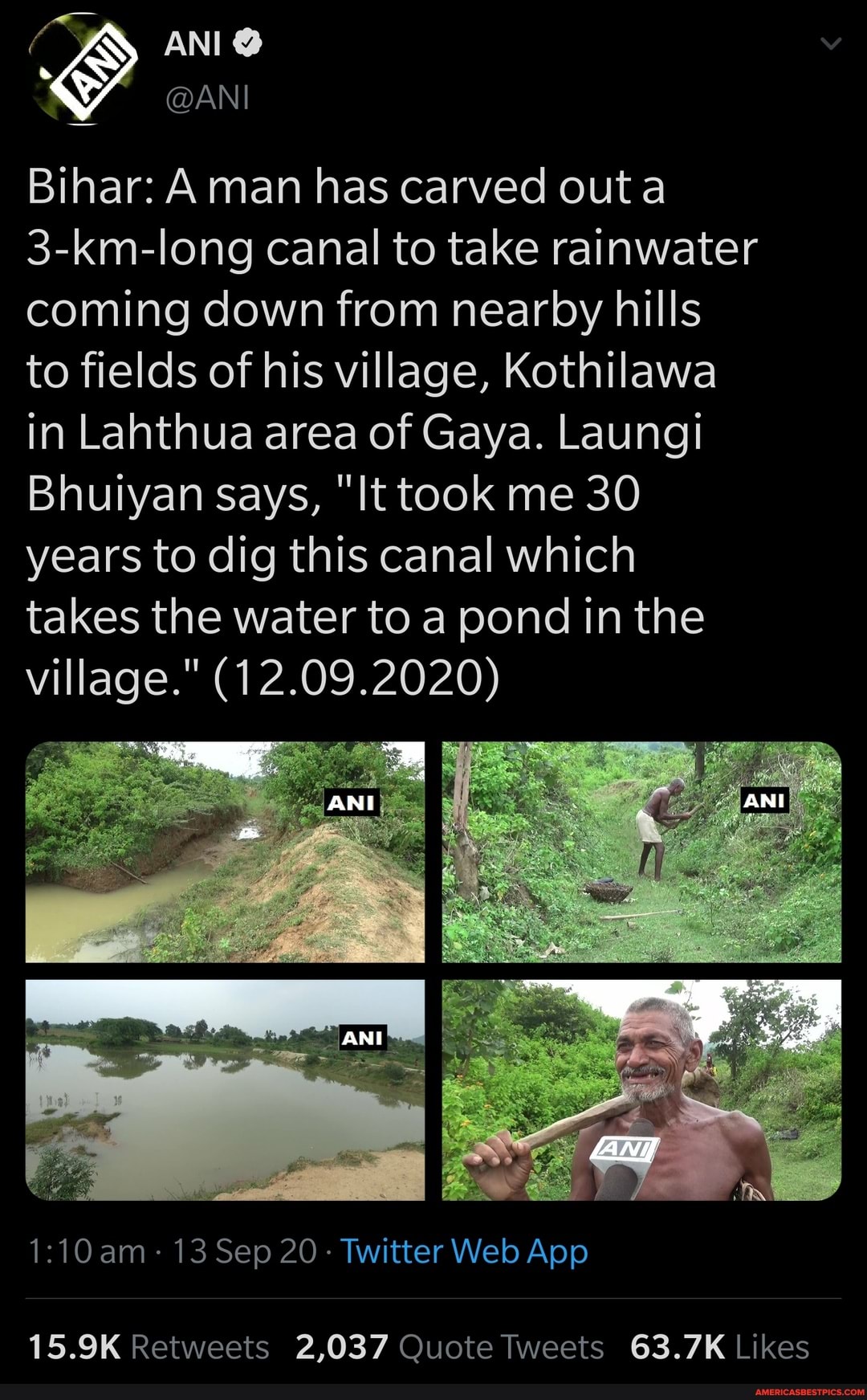 ANI
@ANI
Bihar: Aman has carved outa
3-km-long canal to take rainwater coming down from nearby hills to fields of his village, Kothilawa in Lahthua area of Gaya. Laungi
Bhuiyan says, "It took me 30 years to dig this canal which takes the water to a pond in the village." (12.09.2020)