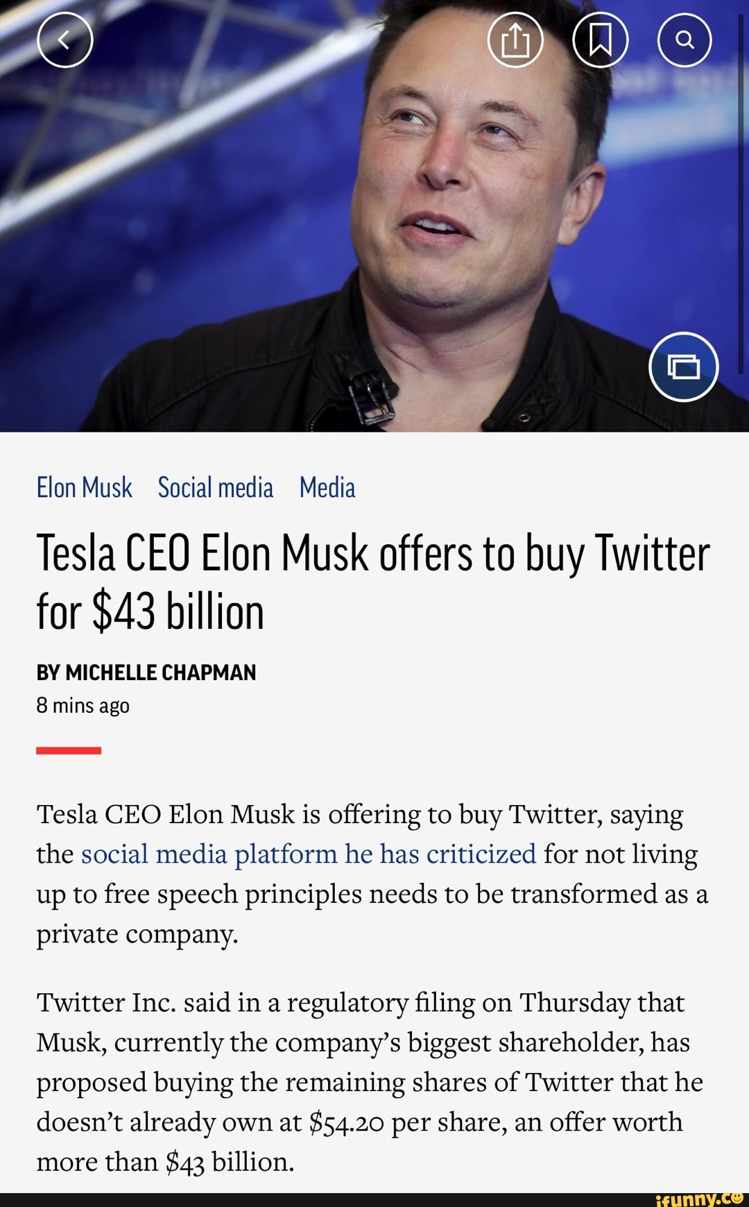 Elon Musk Social media Media Tesla CEO Elon Musk offers to buy Twitter ...