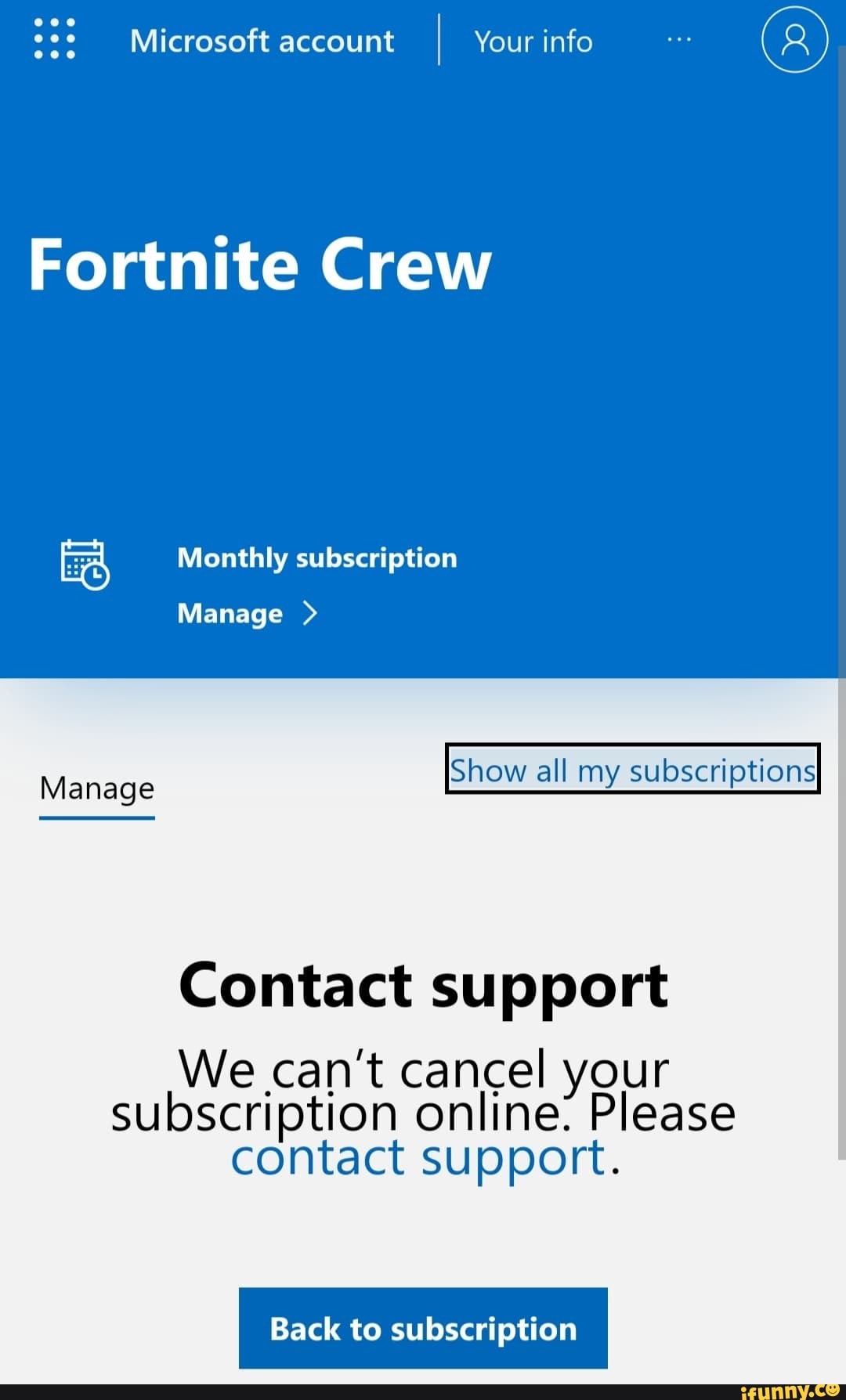 Microsoft account Your info Fortnite Crew Monthly subscription Manage
