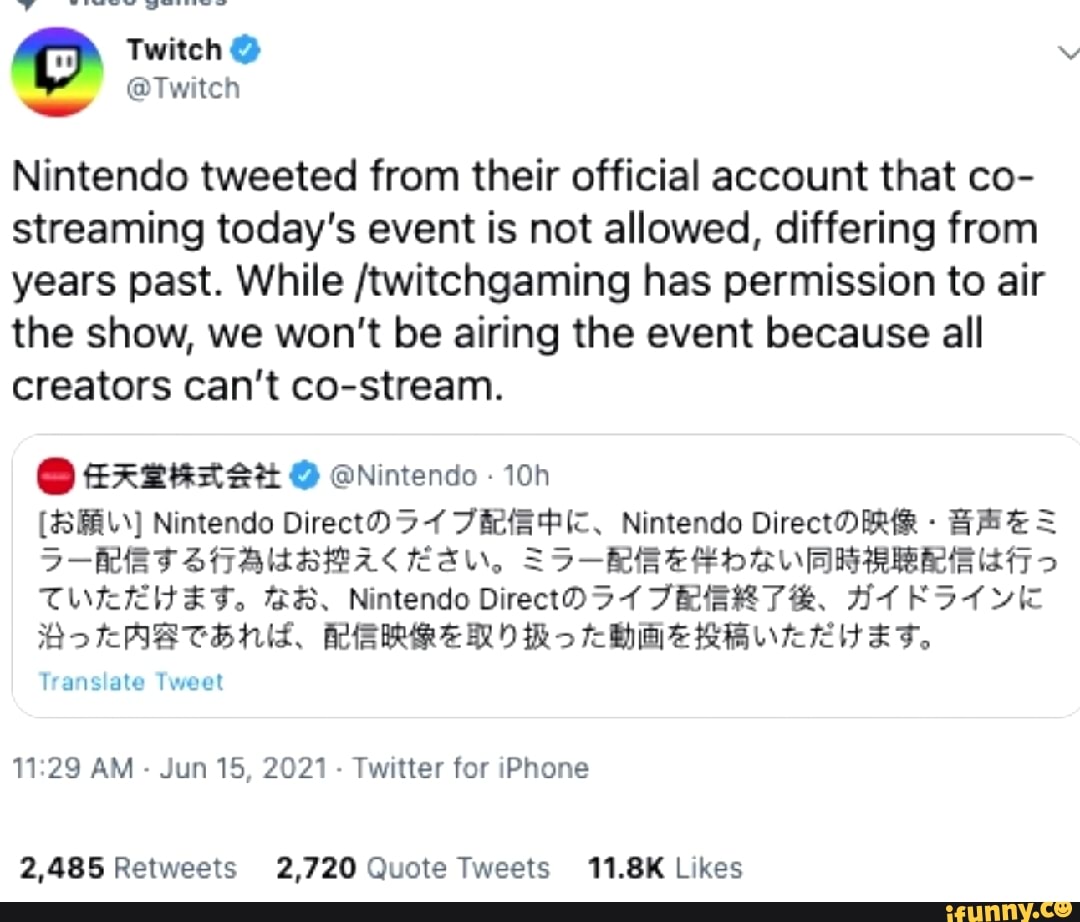 Twitch Twitch Nintendo Tweeted From Their Official Account That Co Streaming Today S Event Is Not Allowed