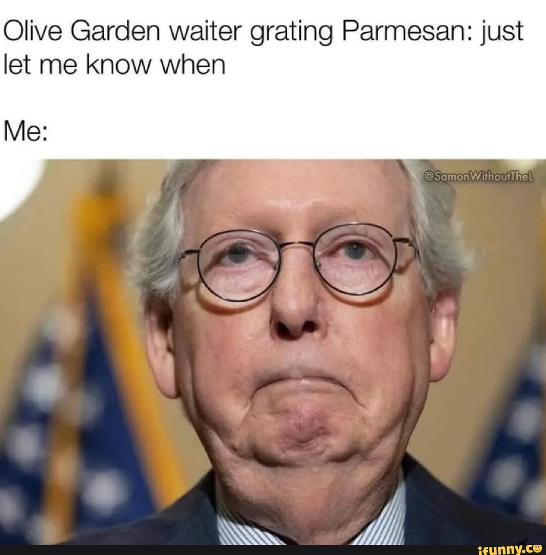 Olive Garden waiter grating Parmesan just let me know when Me wee