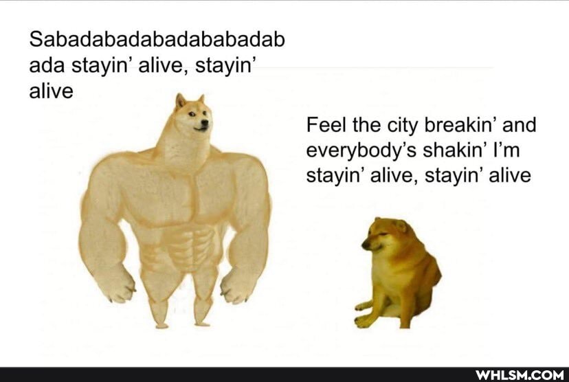 Sabadabadabadababadab ada stayin' alive, stayin' alive
Feel the city breakin' and everybody's shakin' I'm stayin' alive, stayin' alive