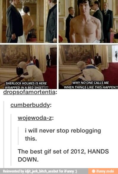 SHERLOCK HOLMES IS HE WHY NO ONE CALLS ME
WRAPPED IN À BED SHEET WHEN THINGS LIKE THIS HAPPEN?
dropsofamortentia:
i will never stop reblogging
this.
The best gif set of 2012, HANDS
DOWN.