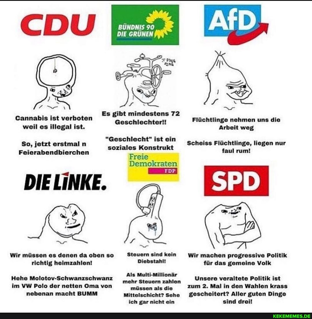BÜNDNIS 90
DIE GRÜNEN
IN I x,
Es gibt mindestens 72
AN Cannabis ist verboten Geschlechter! Flüchtlinge nehmen uns die weil es illegal ist. Arbeit weg
"Geschlecht" ist ein soziales Konstrukt
Freie
Demokraten
Scheiss Flüchtlinge, liegen nur faul rum!
$o, jetzt erstmal n
Feierabendbierchen
DIE LiNKE.
Wir müssen es denen da oben so Steuern sindkein Wir machen progressive Politik richtig heimzahlen! Diebstahl! für das gemeine Volk
Hehe Molotov-Schwanzschwanz Unsere veraltete Politik ist im VW Polo der netten Oma von müssen als die zum 2. Mal in den Wahlen krass nebenan macht BUMM Mittelschicht? Sche gescheitert? Aller guten Dinge ich gar nicht ein sind dreil