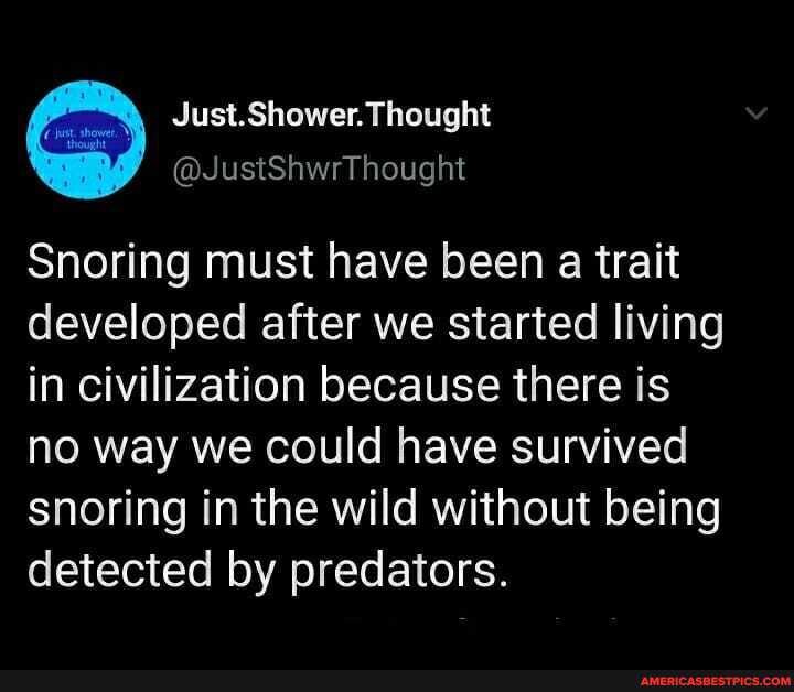 Snoring must have been a trait developed after we started living in civilization because there is no way we could have survived snoring in the wild without being detected by predators.